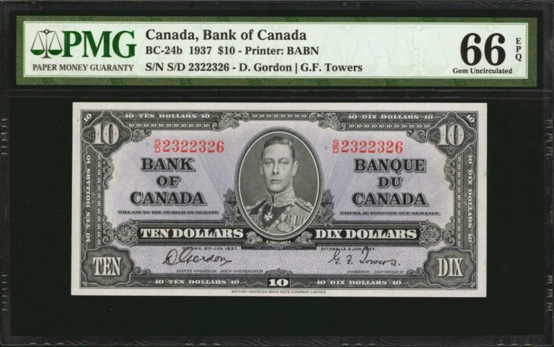 CANADA. Bank of Canada. 10 Dollars, 1937. BC-24b. PMG Gem Uncirculated 66 EPQ.
...