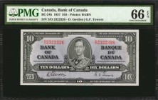 CANADA. Bank of Canada. 10 Dollars, 1937. BC-24b. PMG Gem Uncirculated 66 EPQ.

Printed by BABN. Signature of D. Gordon and G.F. Towers. A near repe...