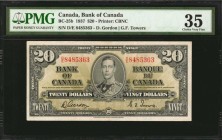 CANADA. Bank of Canada. 20 Dollars, 1937. BC-25b. PMG Choice Very Fine 35.

Higher denomination of King George VI/allegorical in design. Prefix D/E....
