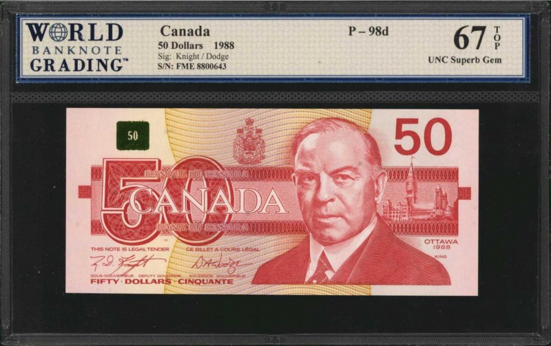 CANADA. Bank of Canada. 50 Dollars, 1988. P-98d. WBG Superb Gem Uncirculated 67 ...