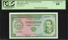 CAPE VERDE. Banco Nacional Ultramarino. 20 Escudos, 1972. P-52a. PCGS Currency Very Choice New 64.

Serpa Pinto. Lisboa Decretos-Leis "39221 e 44891...