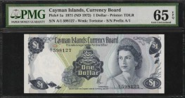 CAYMAN ISLANDS. Currency Board of Cayman Islands. 1 Dollar, 1971 (ND 1972). P-1a. PMG Gem Uncirculated 65 EPQ.

First issue and initial denomination...