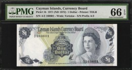 CAYMAN ISLANDS. Currency Board. 1 Dollar, 1971 (ND 1972). P-1b. PMG Gem Uncirculated 66 EPQ.

First issue Queen Elizabeth II. Second series with pre...