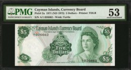 CAYMAN ISLANDS. Currency Board of Cayman Islands. 5 Dollars, 1971 (ND 1972). P-2a. PMG About Uncirculated 53.

Next in series of previous lot with Q...