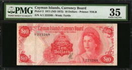 CAYMAN ISLANDS. Currency Board of Cayman Islands. 10 Dollars, 1971 (ND 1972). P-3. PMG Choice Very Fine 35.

Higher denomination of this initial Que...