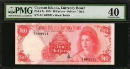 CAYMAN ISLANDS. Currency Board of Cayman Islands. 10 Dollars, 1974. P-7a. PMG Extremely Fine 40.

Queen Elizabeth II. Prefix A/1. A mid-grade exampl...