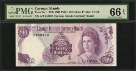 CAYMAN ISLANDS. Cayman Islands Currency Board. 40 Dollars, 1974 (ND 1981). P-9a. PMG Gem Uncirculated 66 EPQ.

Printed by TDLR. Deep purple ink stan...