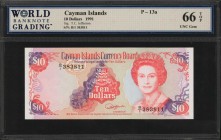 CAYMAN ISLANDS. Currency Board. 10 Dollars, 1991. P-13a. WBG UNC Gem 66 TOP.

Higher denomination of this first issued Queen Elizabeth II series. Pr...
