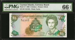 CAYMAN ISLANDS. Currency Board. 5, 25 & 100 Dollars, 1996. P-17, 19 & 20. PMG Gem Uncirculated 65 EPQ & 66 EPQ.

3 pieces in lot. Queen Elizabeth II...