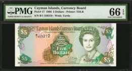 CAYMAN ISLANDS. Currency Board. 5 Dollars, 1996. P-17. PMG Gem Uncirculated 66 EPQ.

Next in series of previous lot. Queen Elizabeth II with the fir...