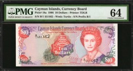 CAYMAN ISLANDS. Currency Board. 10 Dollars, 1996. P-18a. PMG Choice Uncirculated 64.

Queen Elizabeth II on face, turtle in watermark. Prefix B/1. P...