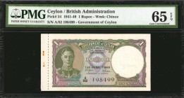 CEYLON. Government of Ceylon. 1 Rupee, 1941-49. P-34. PMG Gem Uncirculated 65 EPQ.

Counterfoil at left with staple holes and rust. A colorful examp...