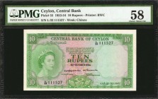 CEYLON. Central Bank. 10 Rupees, 1953-54. P-55. PMG Choice About Uncirculated 58.

Printed by BWC. QEII at left with watermark of Chinze at right. V...