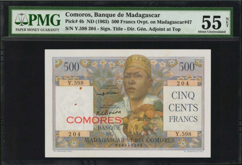 COMOROS. Banque de Madagascar. 500 Francs, ND (1963). P-4b. PMG About Uncirculat...