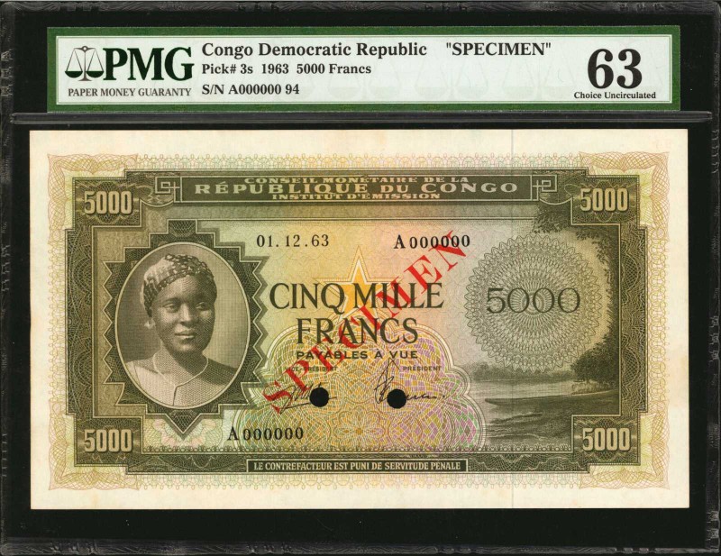 CONGO DEMOCRATIC REPUBLIC. Institut d'Émission. 5000 Francs, 1963. P-3s. Specime...