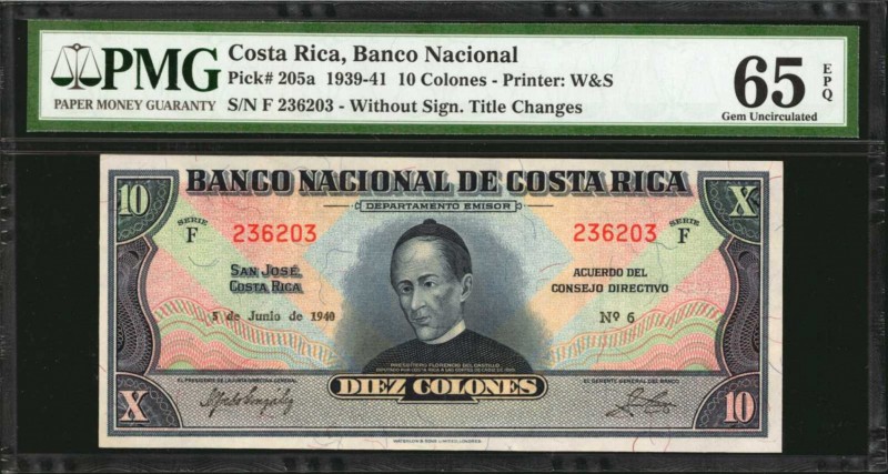 COSTA RICA. Banco Nacional. 10 Colones, 1939-41. P-205a. PMG Gem Uncirculated 65...