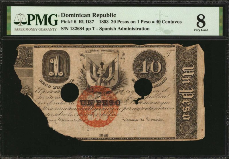 DOMINICAN REPUBLIC. Spanish Administration. 20 Pesos, 1853. P-6. PMG Very Good 8...