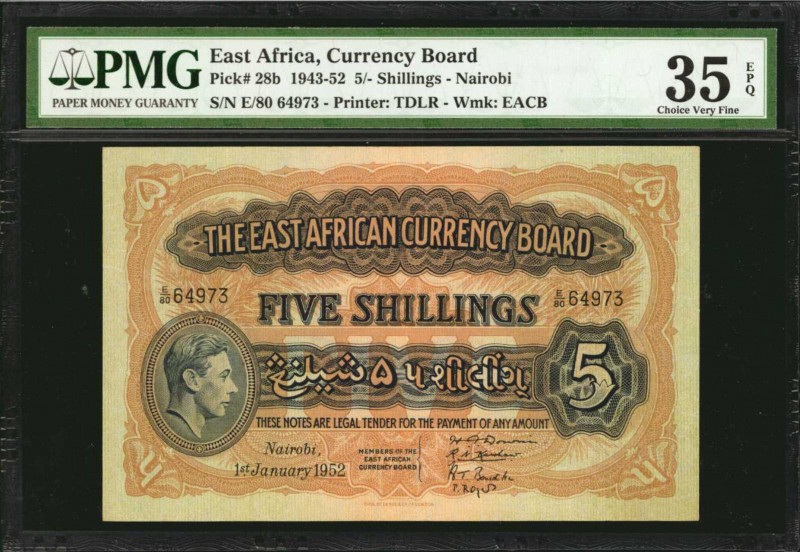 EAST AFRICA. Currency Board. 5 Shillings, 1943-52. P-28b. PMG Choice Very Fine 3...