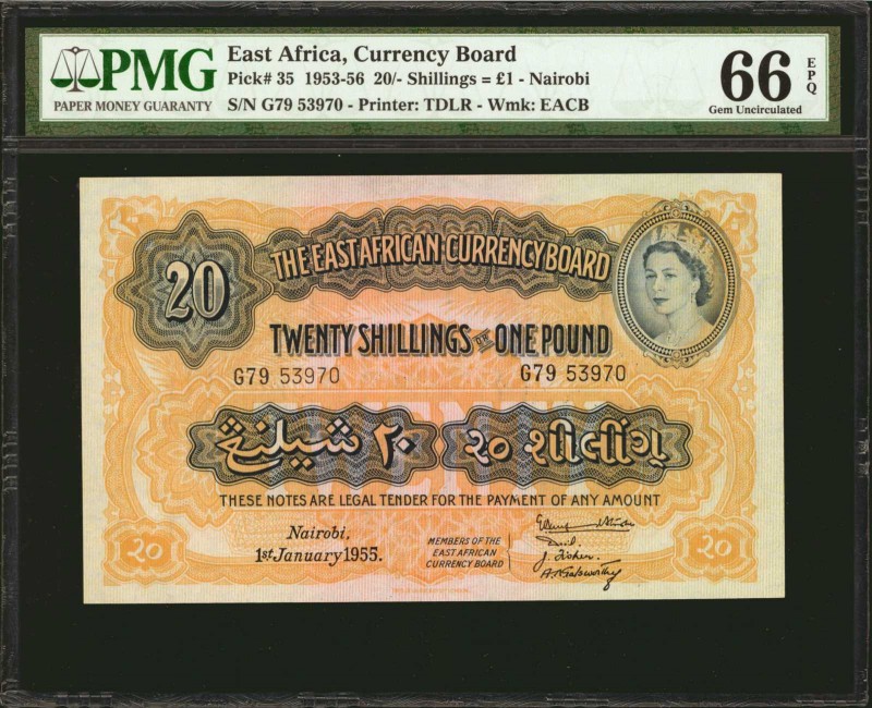 EAST AFRICA. East African Currency Board. 20 Shillings, 1953-56. P-35. PMG Gem U...