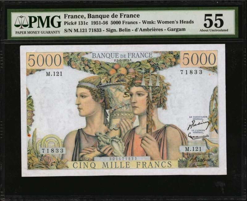 FRANCE. Banque de France. 5000 Francs, 1951-56. P-131c. PMG About Uncirculated 5...