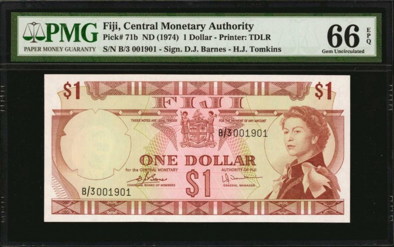 FIJI. Central Monetary Authority. 1 Dollar, ND (1974). P-71b. PMG Gem Uncirculat...