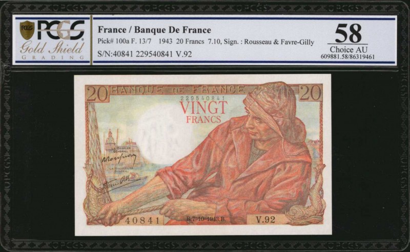 FRANCE. Banque de France. 20 Francs, 1943. P-100a. Consecutive. PCGS GSG Choice ...