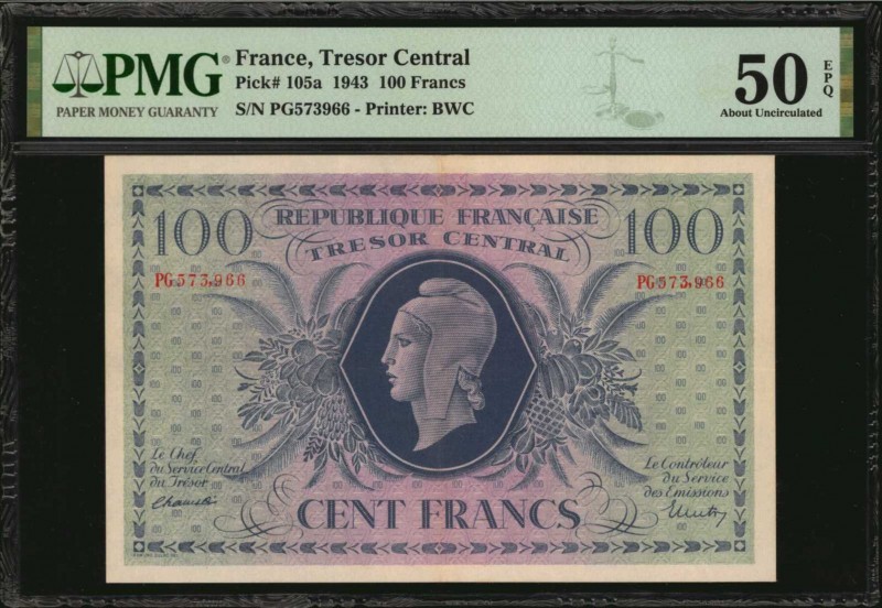 FRANCE. Tresor Central. 100 Francs, 1943. P-105a. PMG About Uncirculated 50 EPQ....