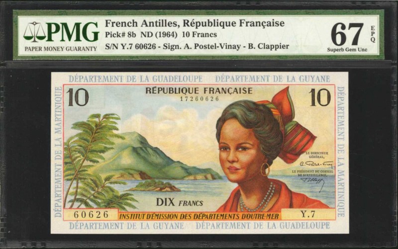 FRENCH ANTILLES. Republique Francaise. 10 Francs, ND (1964). P-8b. PMG Superb Ge...