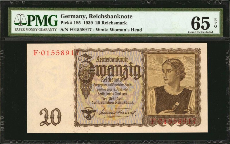 GERMANY. Reichsbanknote. 20 Reichsmark, 1939. P-185. PMG Gem Uncirculated 65 EPQ...