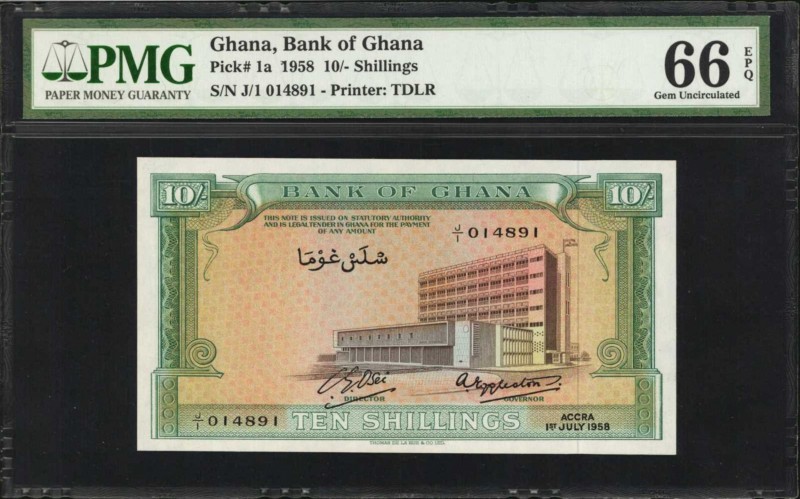 GHANA. Bank of Ghana. 10 Shillings, 1958. P-1a. PMG Gem Uncirculated 66 EPQ.

...