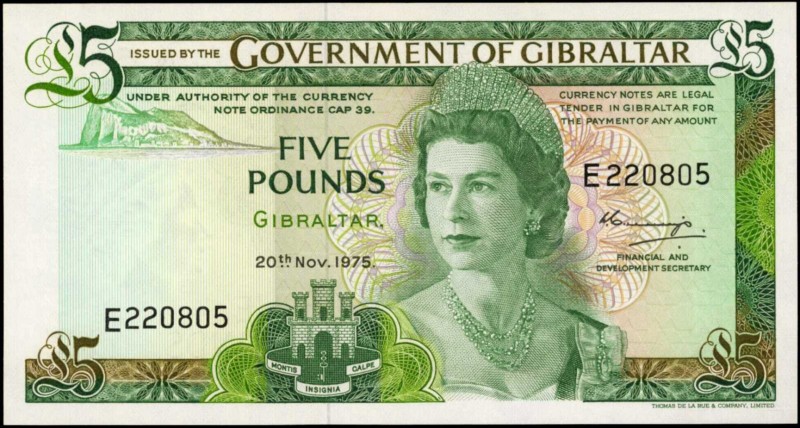 GIBRALTAR. Government of Gibraltar. 5 Pounds, 1975. P-21a. Uncirculated.

Brig...