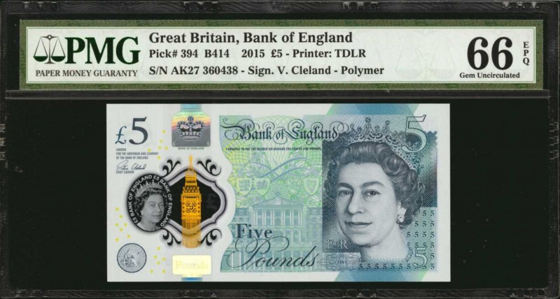 GREAT BRITAIN. Bank of England. 5 Pounds, 2015. P-394. PMG Gem Uncirculated 66 E...