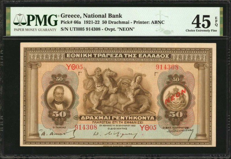 GREECE. National Bank. 50 Drachmai, 1921-22. P-66a. PMG Choice Extremely Fine 45...