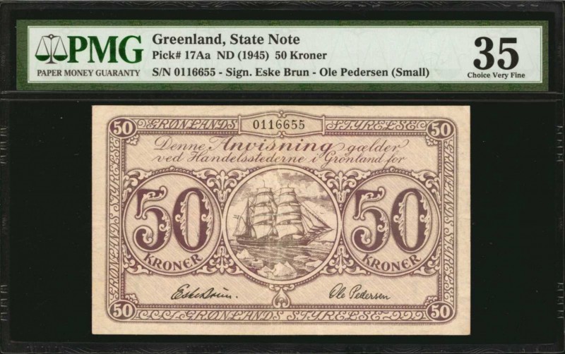 GREENLAND. State Note. 50 Kroner, ND (1945). P-17Aa. PMG Choice Very Fine 35.
...