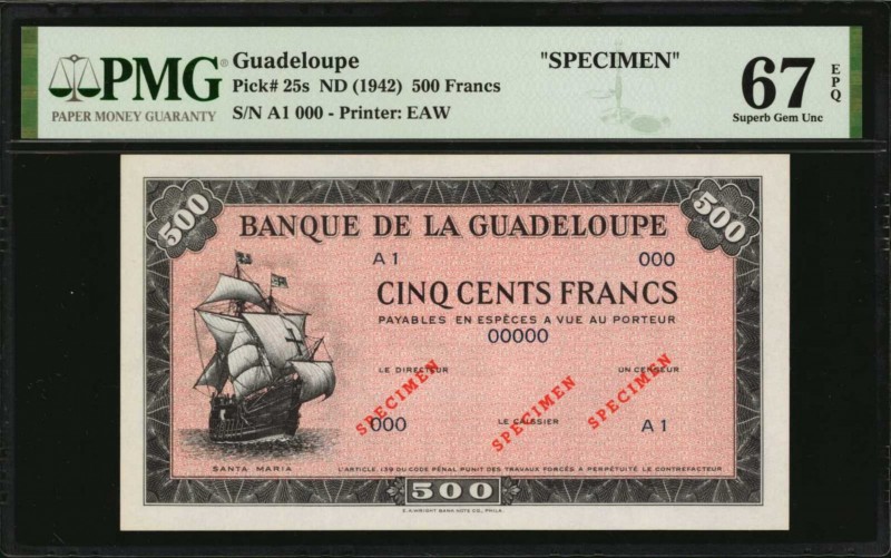 GUADELOUPE. Banque de la Guadeloupe. 500 Francs, ND (1942). P-25s. Specimen. PMG...