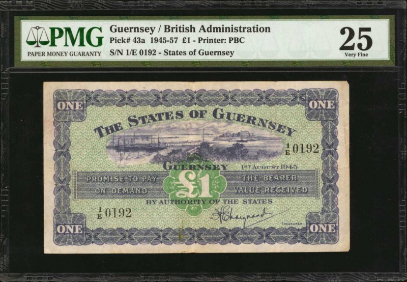 GUERNSEY. States of Guernsey. 1 Pound, 1945-57. P-43a. PMG Very Fine 25.

Prin...