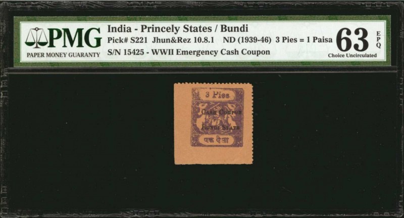 INDIA - PRINCELY STATES. Bundi. 3 Pies, ND (1939-46). P-S221/J 10.8.1. PMG Choic...