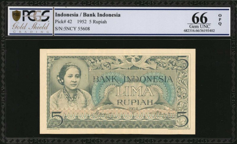 INDONESIA. Bank Indonesia. 5 Rupiah, 1952. P-42. PCGS GSG Gem Uncirculated 66 OP...