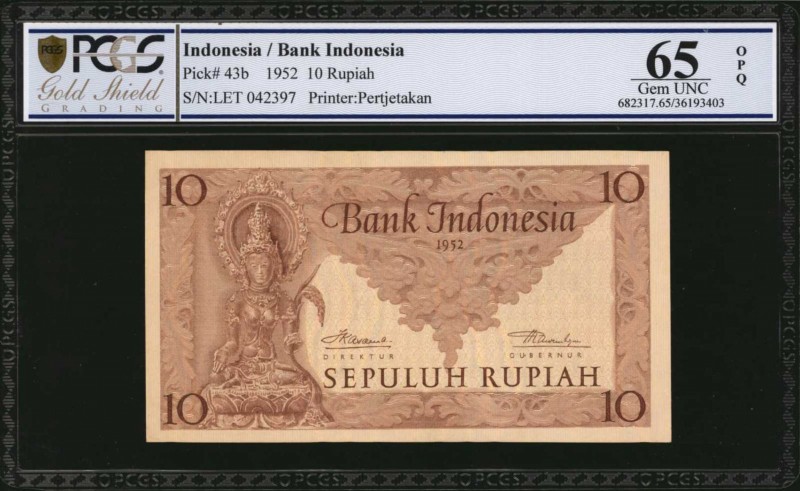 INDONESIA. Bank Indonesia. 10 Rupiah, 1952. P-43b. PCGS GSG Gem Uncirculated 65 ...