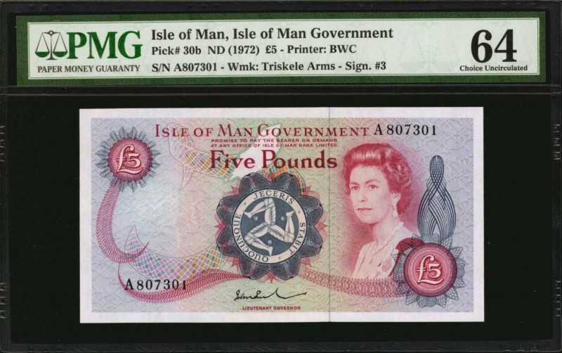 ISLE OF MAN. Isle of Man Government. 5 Pounds, ND (1972). P-30b. PMG Choice Unci...