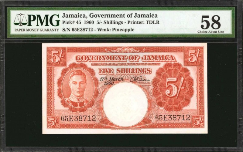 JAMAICA. Government of Jamaica. 5 Shillings, 1960. P-45. PMG Choice About Uncirc...