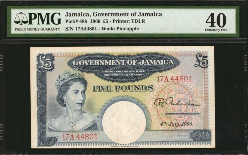 JAMAICA. Government of Jamaica. 5 Pounds, 1960. P-48b. PMG Extremely Fine 40.
...