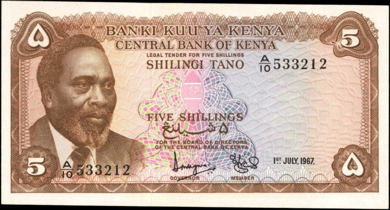 KENYA. Central Bank of Kenya. 5 Shillings, 1967. P-1B. About Uncirculated.

Pr...