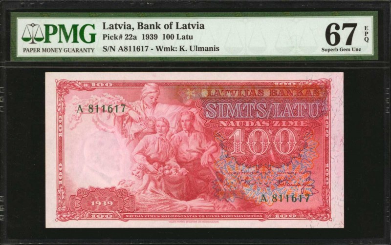 LATVIA. Bank of Latvia. 100 Latu, 1939. P-22a. PMG Superb Gem Uncirculated 67 EP...