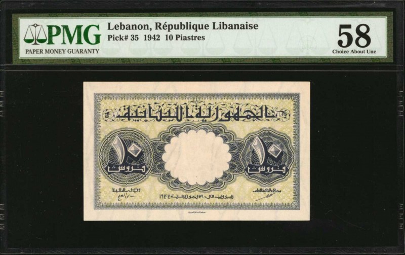 LEBANON. Republique Libanaise. 10 Piastres, 1942. P-35. PMG Choice About Uncircu...