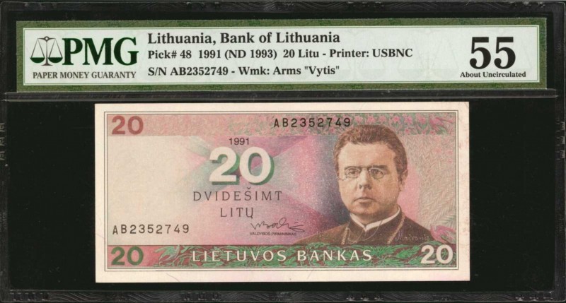 LITHUANIA. Bank of Lithuania. 20 Litu, 1991 (ND 1993). P-48. PMG About Uncircula...