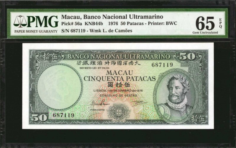 MACAU. Banco Nacional Ultramarino. 50 Patacas, 1976. P-56a. PMG Gem Uncirculated...