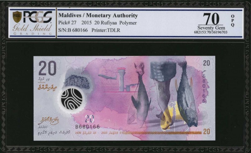 MALDIVES. Monetary Authority. 20 Rufiyaa, 2015. P-27. PCGS GSG Perfect Seventy U...