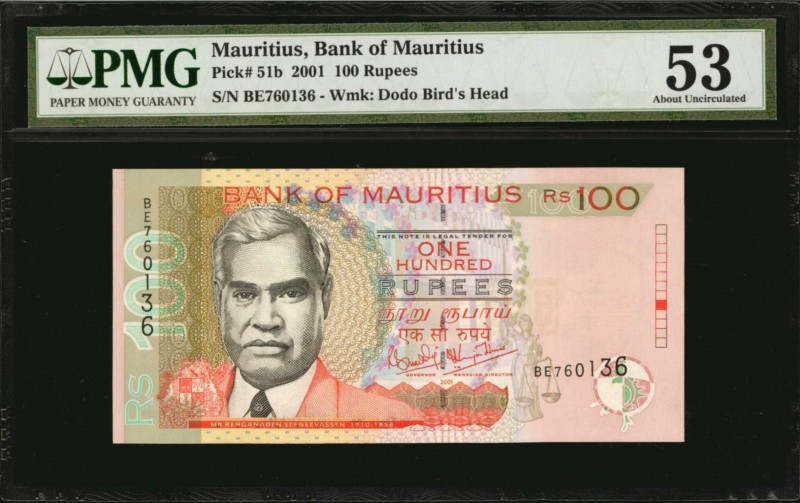 MAURITIUS. Bank of Mauritius. 100 Rupees, 2001. P-51b. PMG About Uncirculated 53...