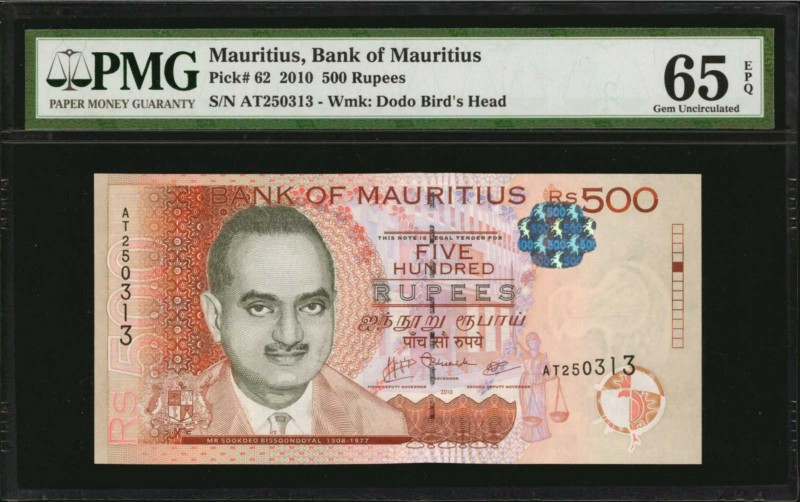 MAURITIUS. Bank of Mauritius. 500 Rupees, 2010. P-62. PMG Gem Uncirculated 65 EP...